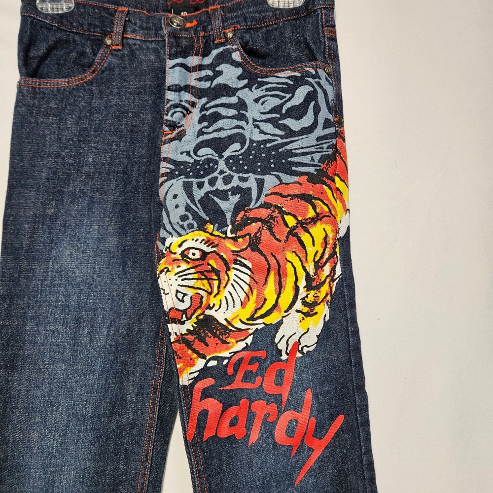 Ed‎ Hardy Youth Tiger Straight Leg Jeans Size 10 Y2K Tattoo Art 26x25 Streetwear - Picture 3 of 13